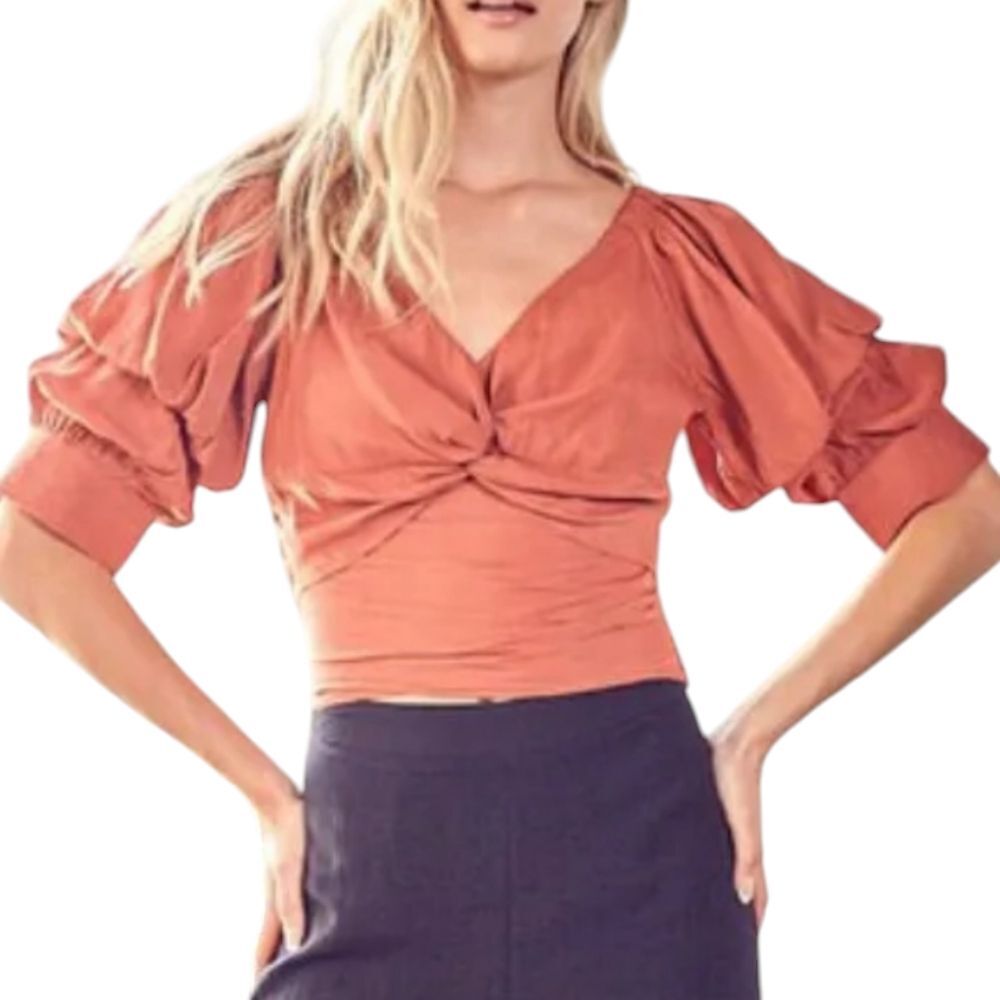 Vestique Top Burnt Orange V Neck Puffed Sleeve Pleated Tie Back‎ Fairy Corset S